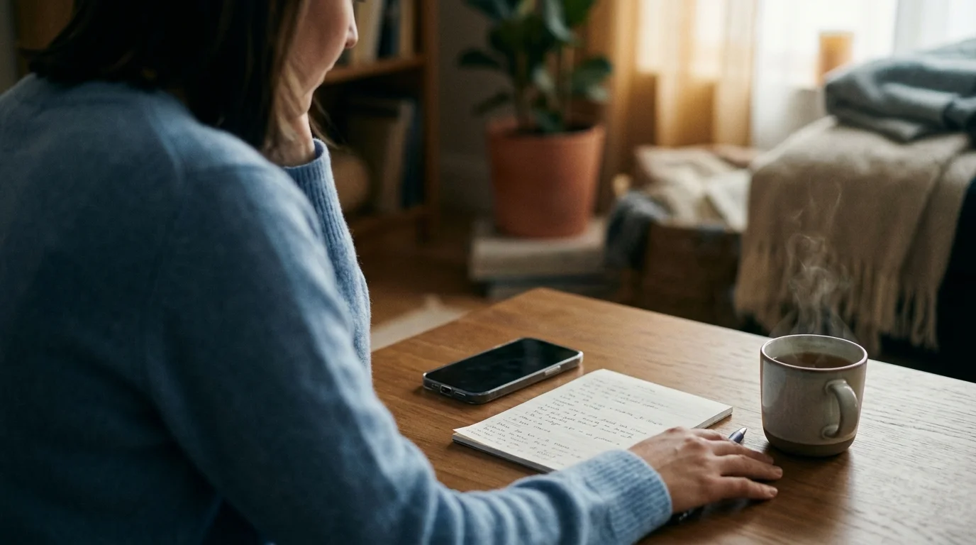 Rustige hulpomgeving met telefoon, notities en privacyvriendelijke ondersteuning